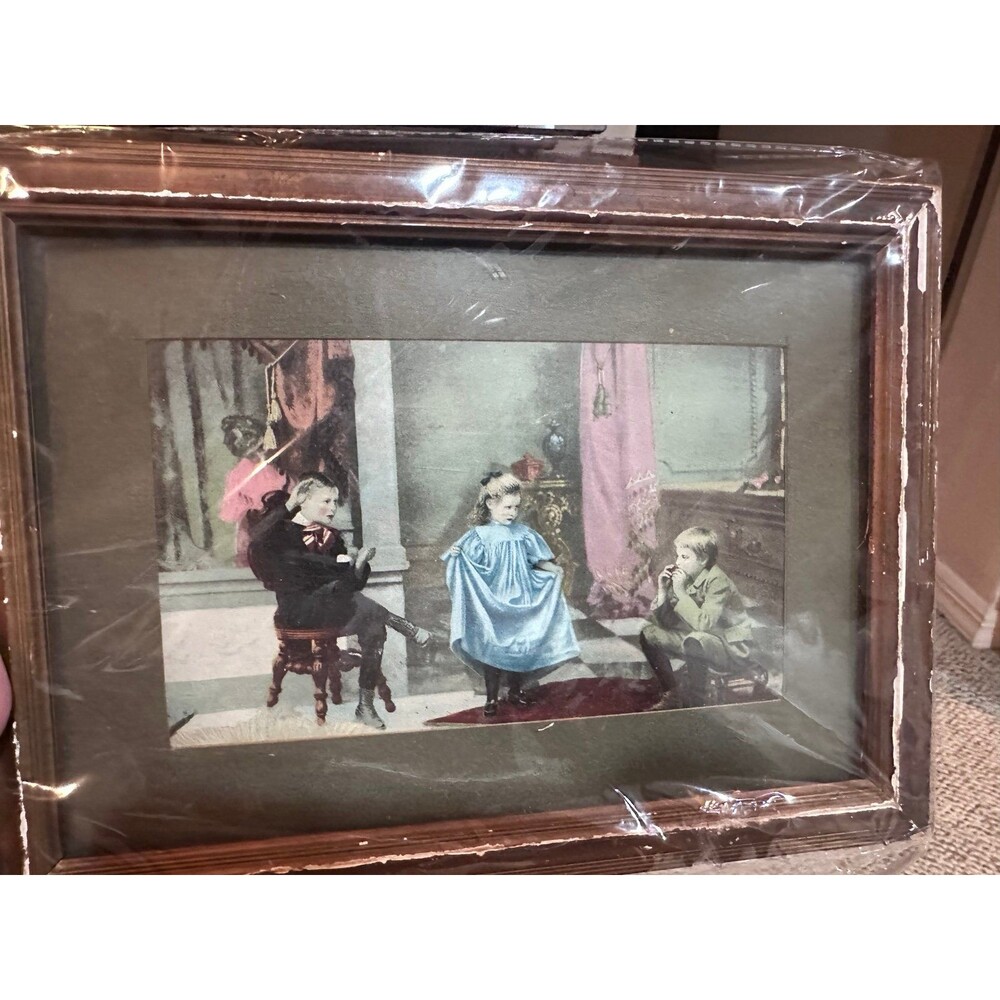 Antique Victorian Crystoleum Glass Print Young Children Scene